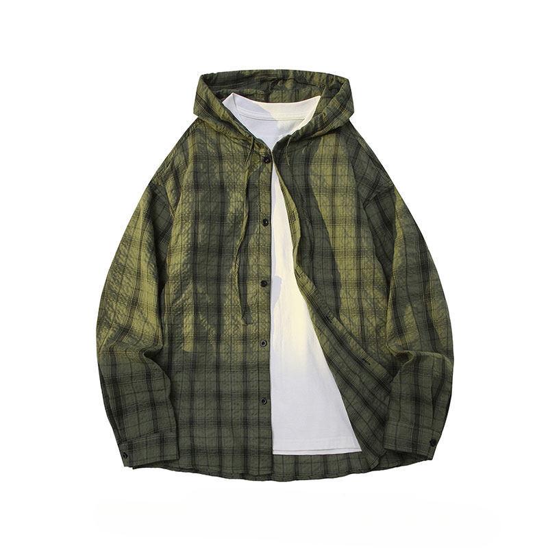 Рубашка с капюшоном в клетку с длинным рукавом для мужчин и женщин, свободная, защита от солнца, куртка, американский ретро, тонкий кардиган на пуговицах