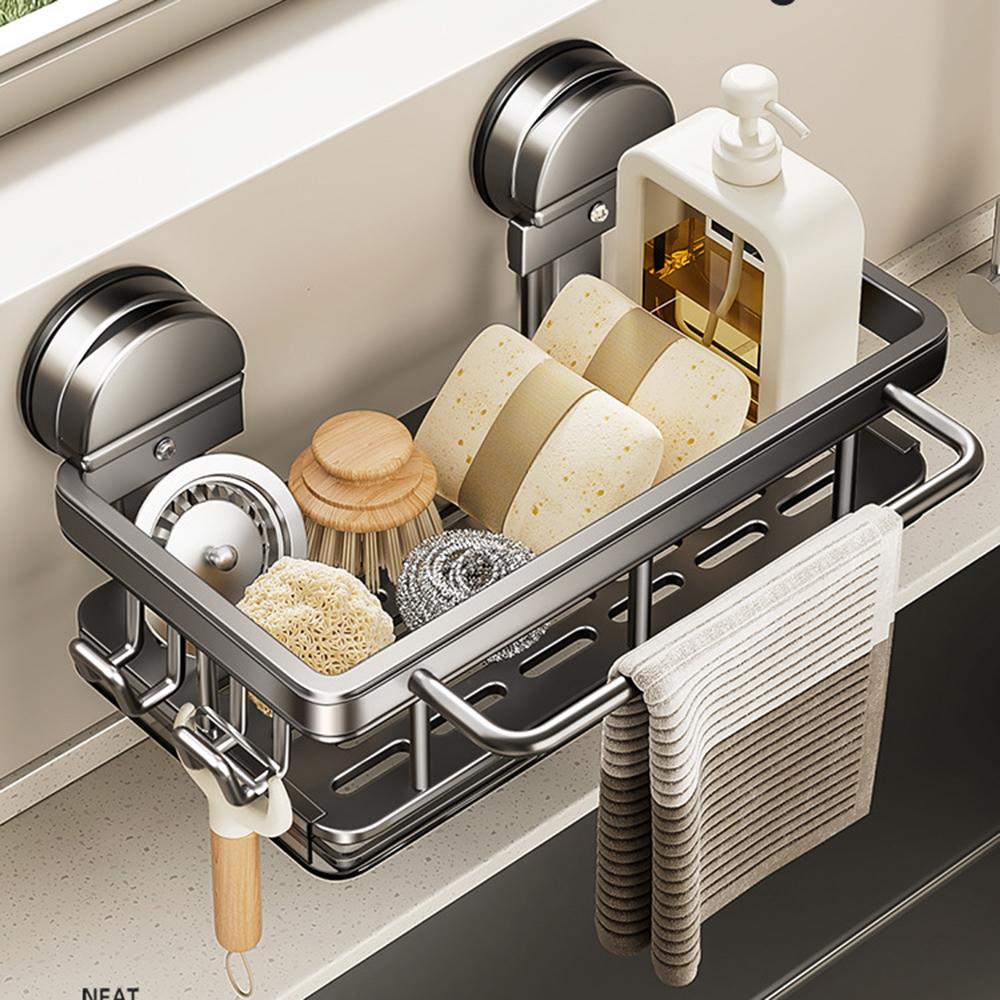 Kitchen Sink Organizer Suction Cup Space Aluminum Dish Sponge Holder Draining Rack with Hanging Rod+2 Hooks