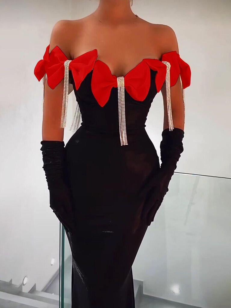 European & American One-Shoulder Rhinestone Bow Tassel Dress