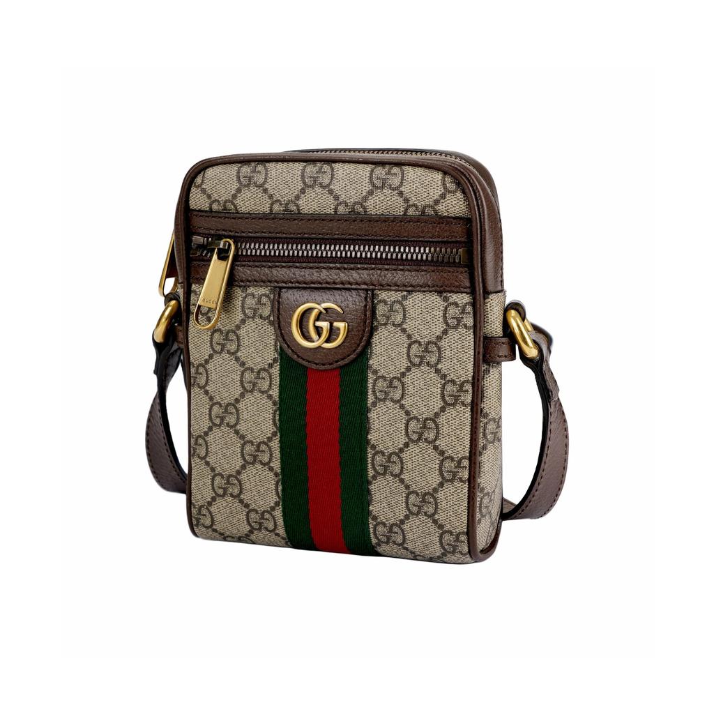 GUCCI Ophidia Vintage Logo Striped Webbing Canvas and Leather Shoulder Bag Regular Unisex Couple's Style Ebony and Brown