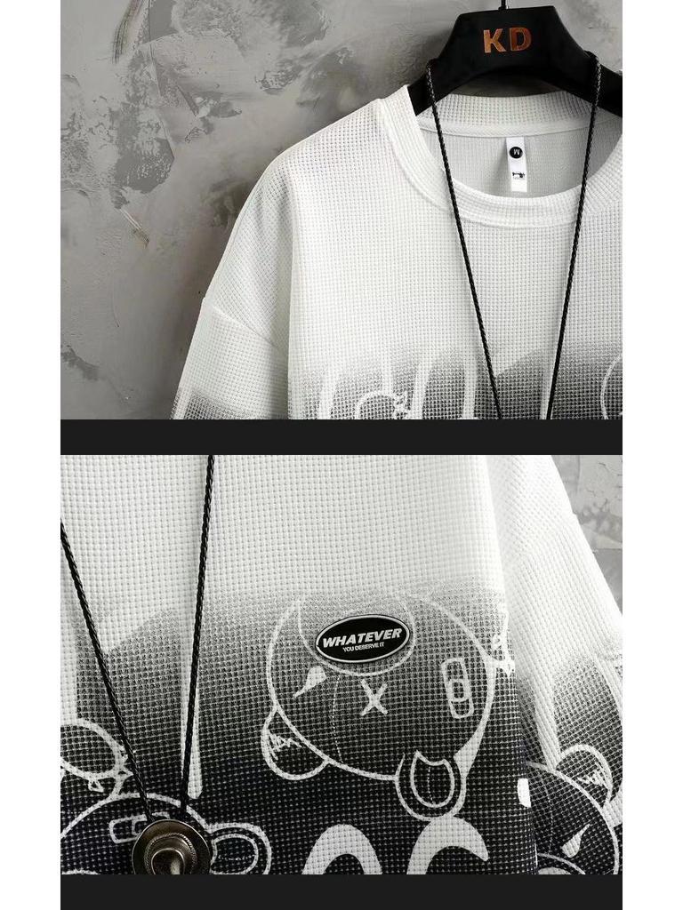 Мужской летний вафельный костюм из ледяного шелка, состоящий из двух частей, в стиле кэжуал - футболка с коротким рукавом и шорты