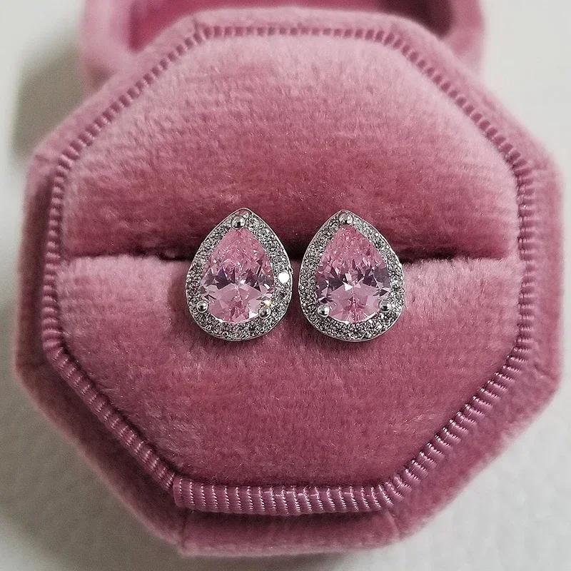 Elegant Light Luxury Pink Zircon Earrings for Women High-End Temperament Trendy Zircon Accessory