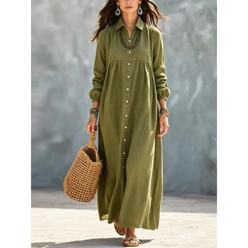 Women S Long Sleeve Shirt Style Loose Solid Color Midi Dress
