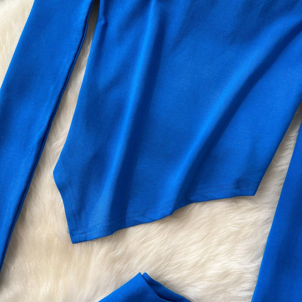 Сексуальная косая горловина без бретелек длинный рукав асимметричная футболка топ женский высокая талия тонкий пакет бедра микро брюки костюм