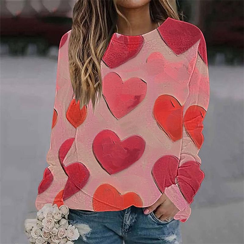 Love Heart Graphic 3D Digital Printed Women's Fashionable and Personalized Round Neck Long Sleeved T-shirt