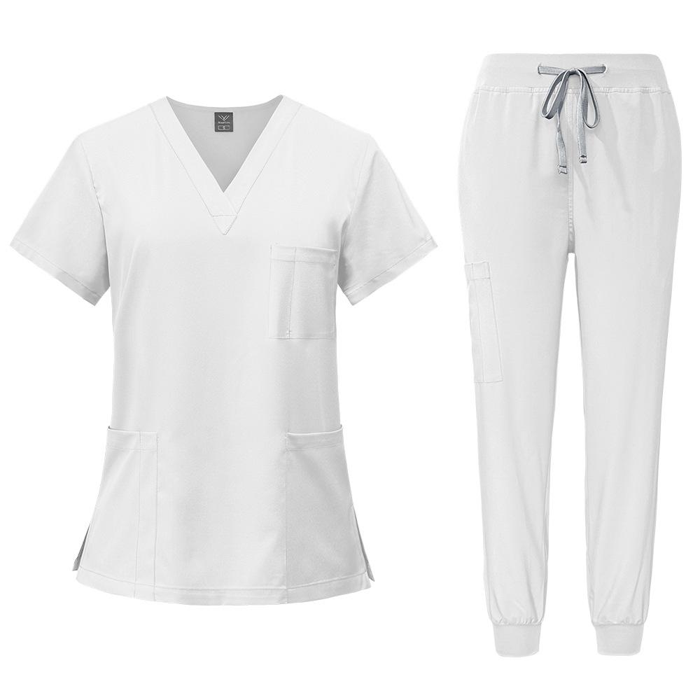 Summer V-neck Models Short-sleeved + Lace-up Trousers Doctor Short-sleeved Overalls Two-piece Set of Quick-drying Elastic Hand-washing Clothes
