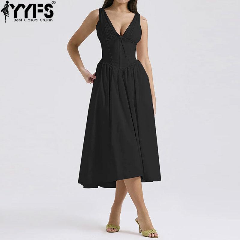 YYFS Women's Fashion Summer Spring Solid Color Print Sleeveless V-Neck High Waist Casual Dresses