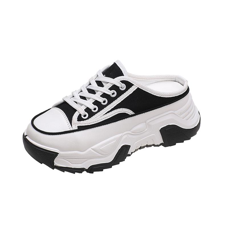 Women's Slippers 2024 Spring Autumn Fashion Baotou Half Slippers Wear New Style Lace-Up Casual Canvas Slippers of Women