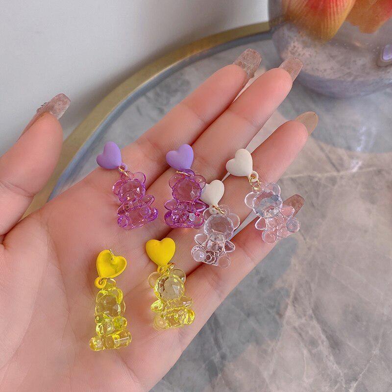 2024 Розовые Мишки Желейные Мультяшные Серьги-Подвески для Женщин Разноцветные Пайетки Мармеладный Мишка Серьги-Кольца Милые Девичьи Счастливые Украшения Подарок LS