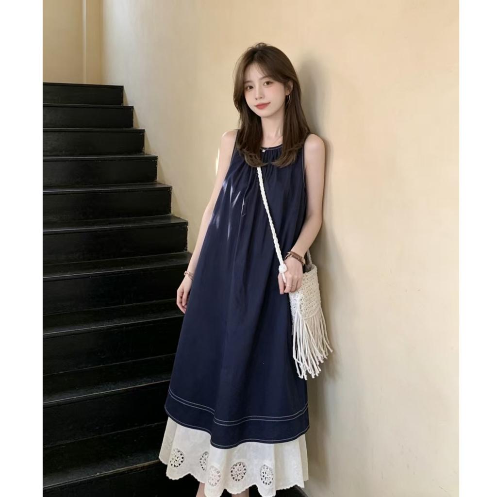 Модное новое платье-жилет с вставками, элегантное, свободное, летний дизайн, без рукавов, длинная юбка, кружевной подол юбки