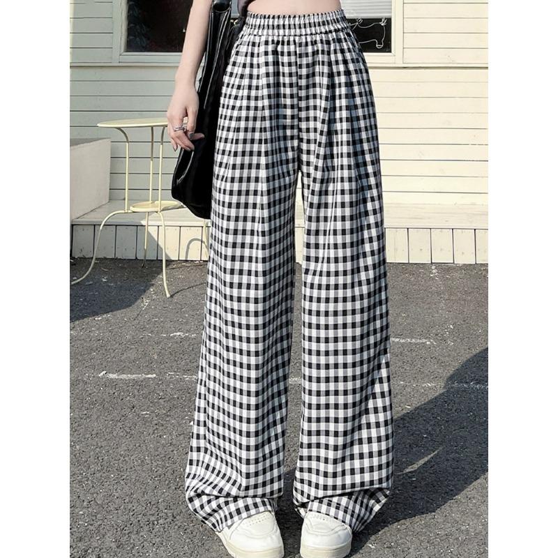 Blue Plaid Pants for Women In Spring and Summer New High-waist Straight-dial Drooping Lazy Style Loose Casual Wide-leg Pants