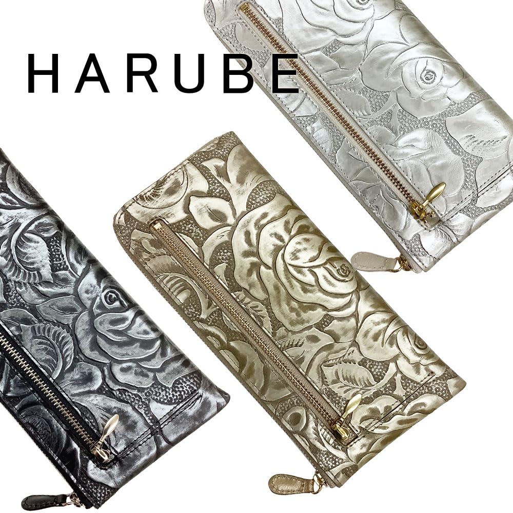 HARUBE Kyoto Naniwaya Тонкий длинный кошелек L-Zip, Коровья кожа, С тиснением "Роза", Женский, № 83-157 [Металлический розовый] (черный)