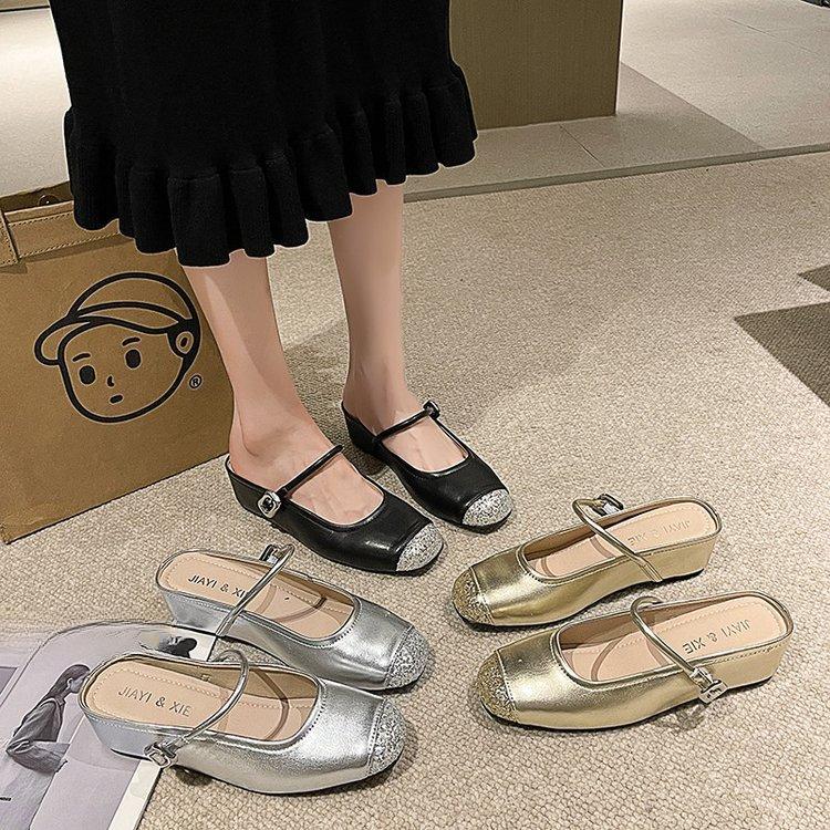 Soft Slippers Women Outer Wear Baotou Half Slippers Sandals Women Mary Jane One Foot Stirrup Flat Bottom Silver Fairy