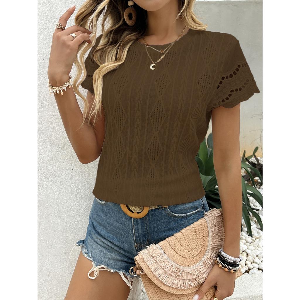 GMXIA Spring Summer Fashion Round Neck Hollow Short Sleeve Round Neck T-shirt Top Woman