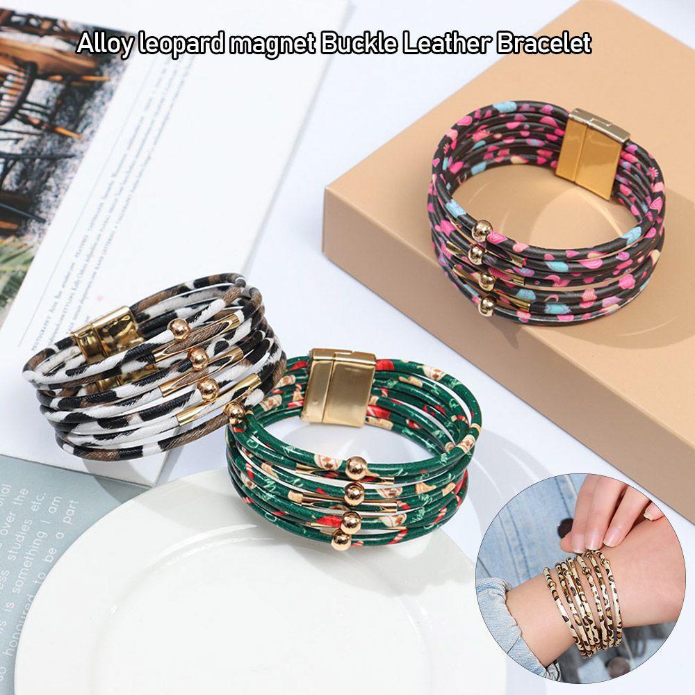 Retro Elegant Women Wrist Bands Leopard Leather Bracelets Multilayer Bangles Wide Wrap Bracelet