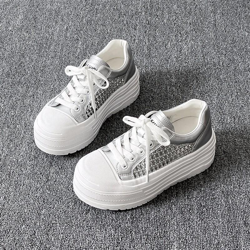Lightweight Little White Shoes Women's 2025 Summer New Hollow Woven Breathable Board Shoes Short Le Thick Sole Inner Height Increase Women's Shoes