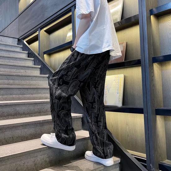 Men Pants Elastic Waist Adjustable Drawstring Wide Leg Casual Trousers with Pockets Letter Print Corduroy Pants