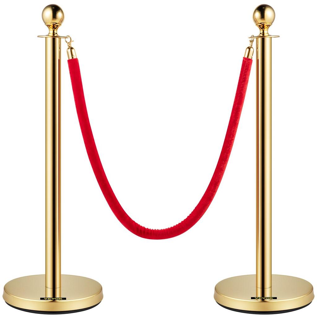 Velvet Ropes and Posts, 5 ft/1.5 m Red Rope, Stainless Steel Gold Stanchion with Ball Top, Red Crowd Control Barrier Used for Theaters, Party,