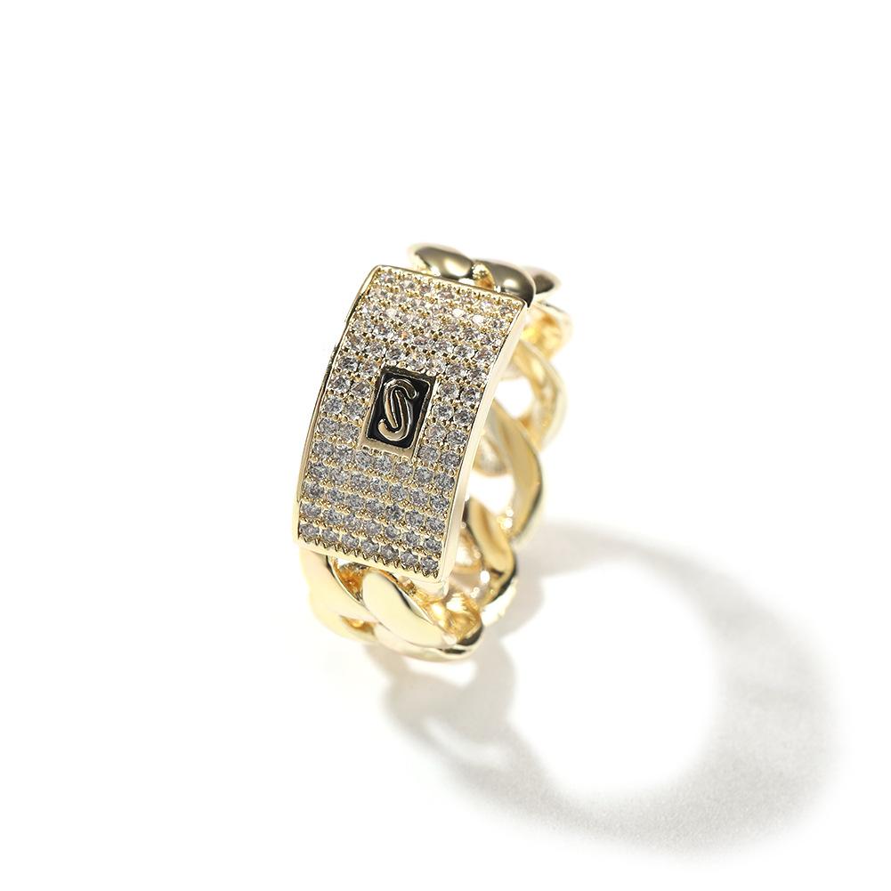 High Sense Personality Geometric Zircon Ring 14K Gold Full Diamond Cuban Chain Design Sense Ring Tide