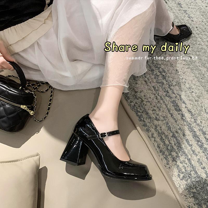 French High Heels Women's Retro Black College Style One-word Buckle Square Head Thick Heel Small Leather Shoes Mary Jane Single Shoes