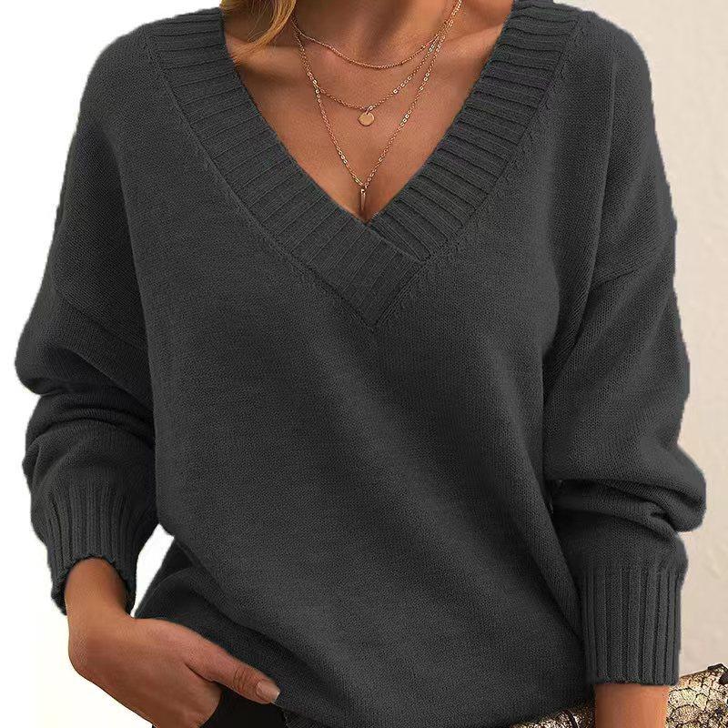 Knit Pullover Top Women's Sweater Loose V-Neck Casual Knit Plus Size Sweater