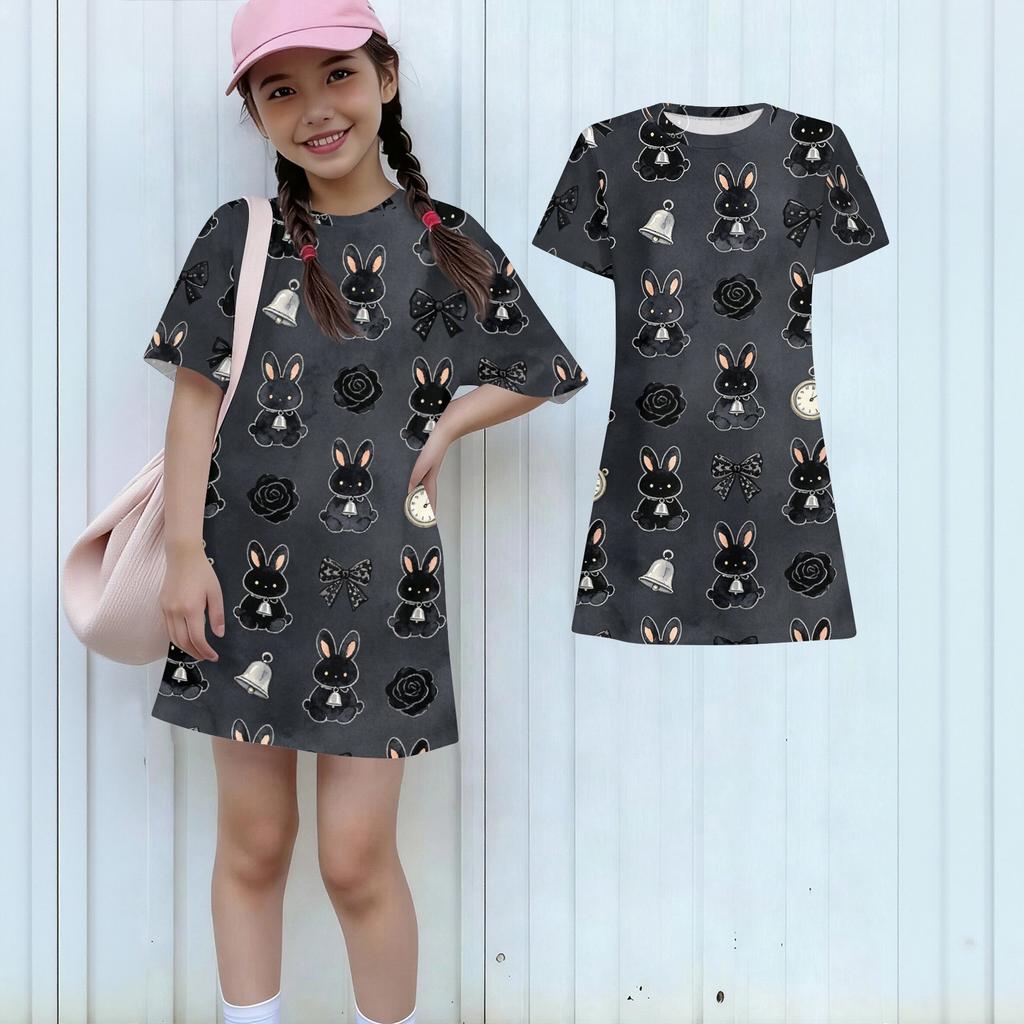 Girls Loose Fit Short Sleeve Dress Lightweight Summer Dress with Animal Print Round Neck Casual Kids Dress for Daily Wear