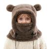 Детская лыжная шапка однотонная, с декором в виде медвежьих ушек, 3-в-1, с защитой лица, шарфом и головным убором, ветрозащитный флисовый головной убор для холодной погоды с регулируемыми шнурками