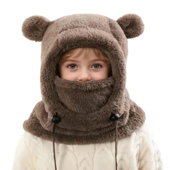 Детская лыжная шапка однотонная, с декором в виде медвежьих ушек, 3-в-1, с защитой лица, шарфом и головным убором, ветрозащитный флисовый головной убор для холодной погоды с регулируемыми шнурками