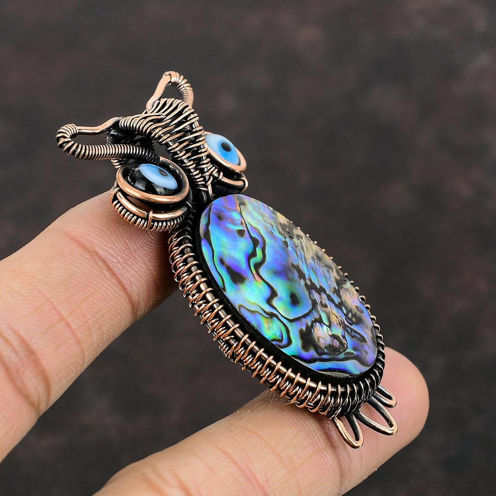Подвеска в виде ракушки абалон, медная проволока, обернутая драгоценным камнем, черная подвеска от сглаза, медные украшения ручной работы, кулон в виде совы, подарок для женщин