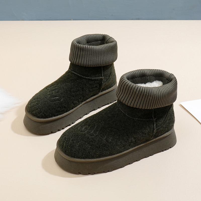 Модная обувь для женщин 2024 Новые высококачественные слипоны до середины икры Теплые женские сапоги Однотонные Круглый носок Флок На низком каблуке
