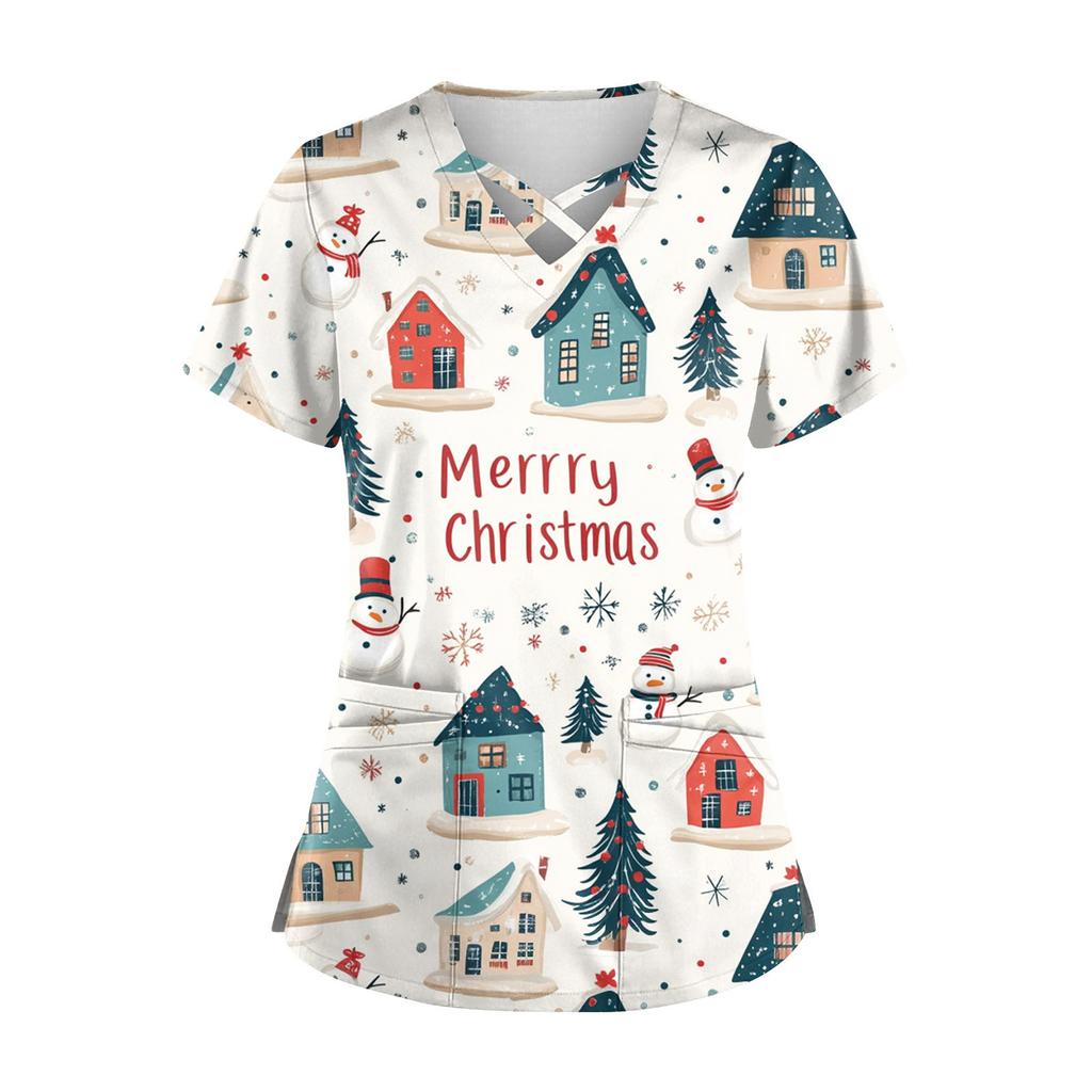 Women's Short Sleeve Stagger V Neck Christmas Print Pocket Dry-nurse Top
