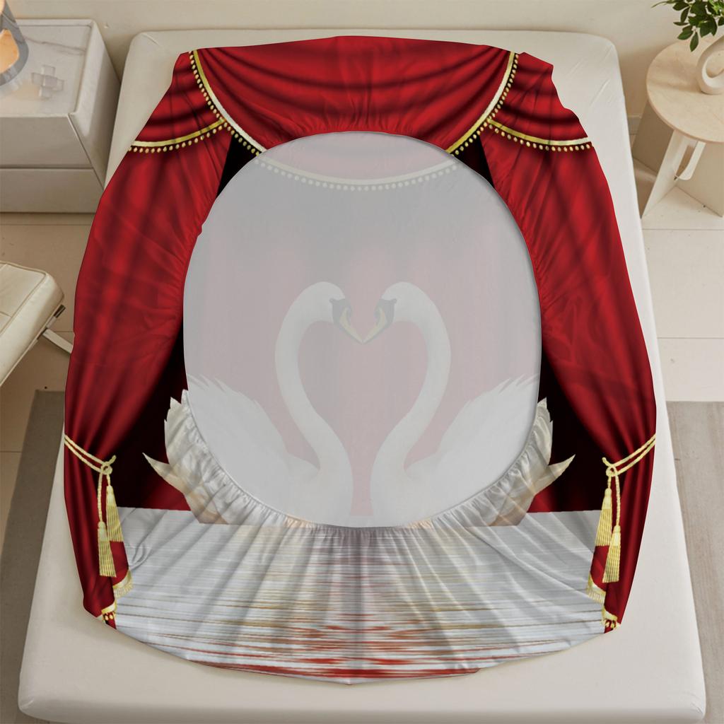 3pcs White Red Fitted Sheet 3D Printed Romantic Swan Couple For Couples Gifts Flat Sheet With 2 Pillowcases Bedroom Decor