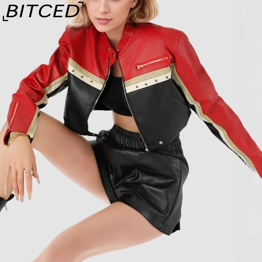 BITCED Женская куртка из искусственной кожи с цветными блоками, открывающая талию, в крутом шикарном стиле, наряд байкера