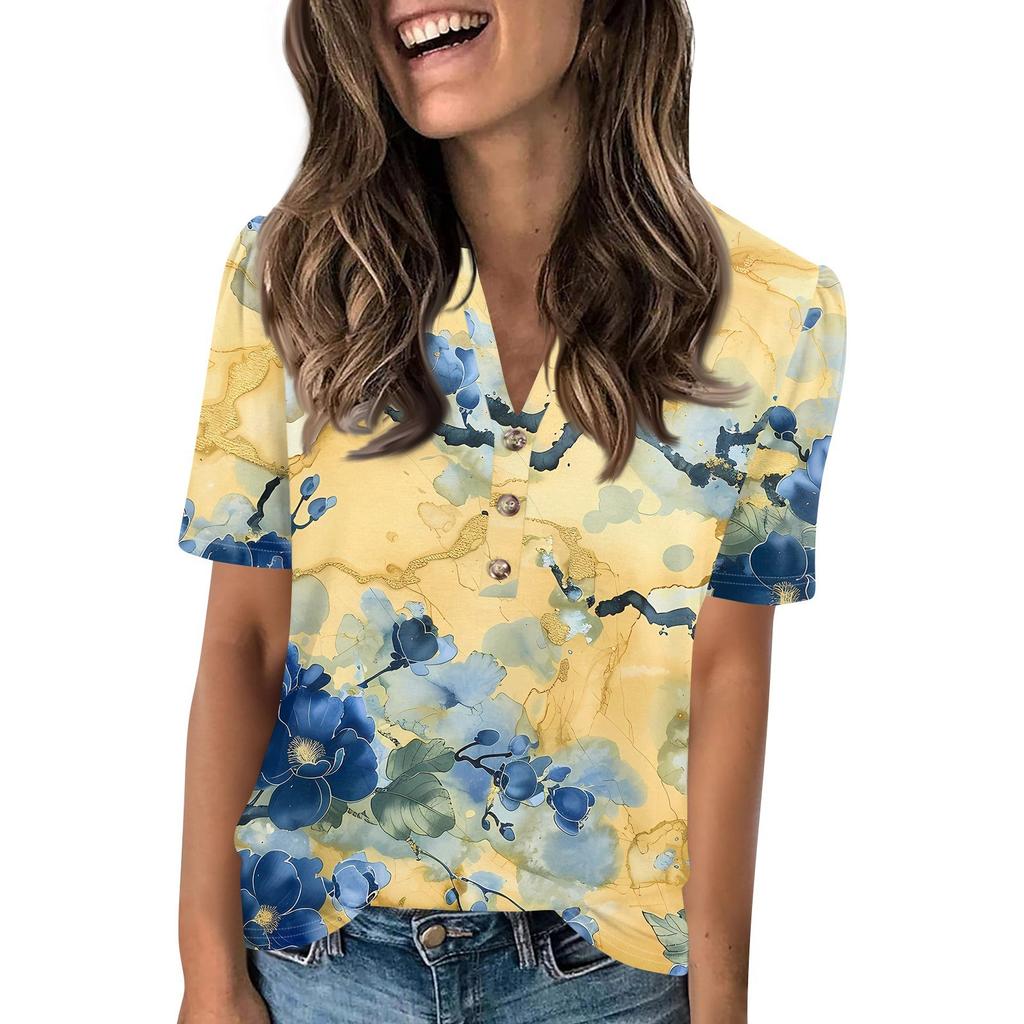 Женский модный повседневный свитер с коротким рукавом и принтом на пуговицах и V-образным вырезом