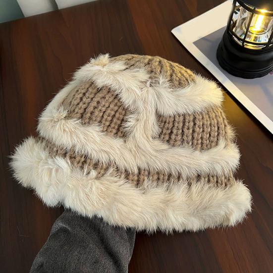 Women Fisherman Hat Imitation Rabbit Fur Decor Autumn Winter Windproof Warm Dome Soft Knitting Basin