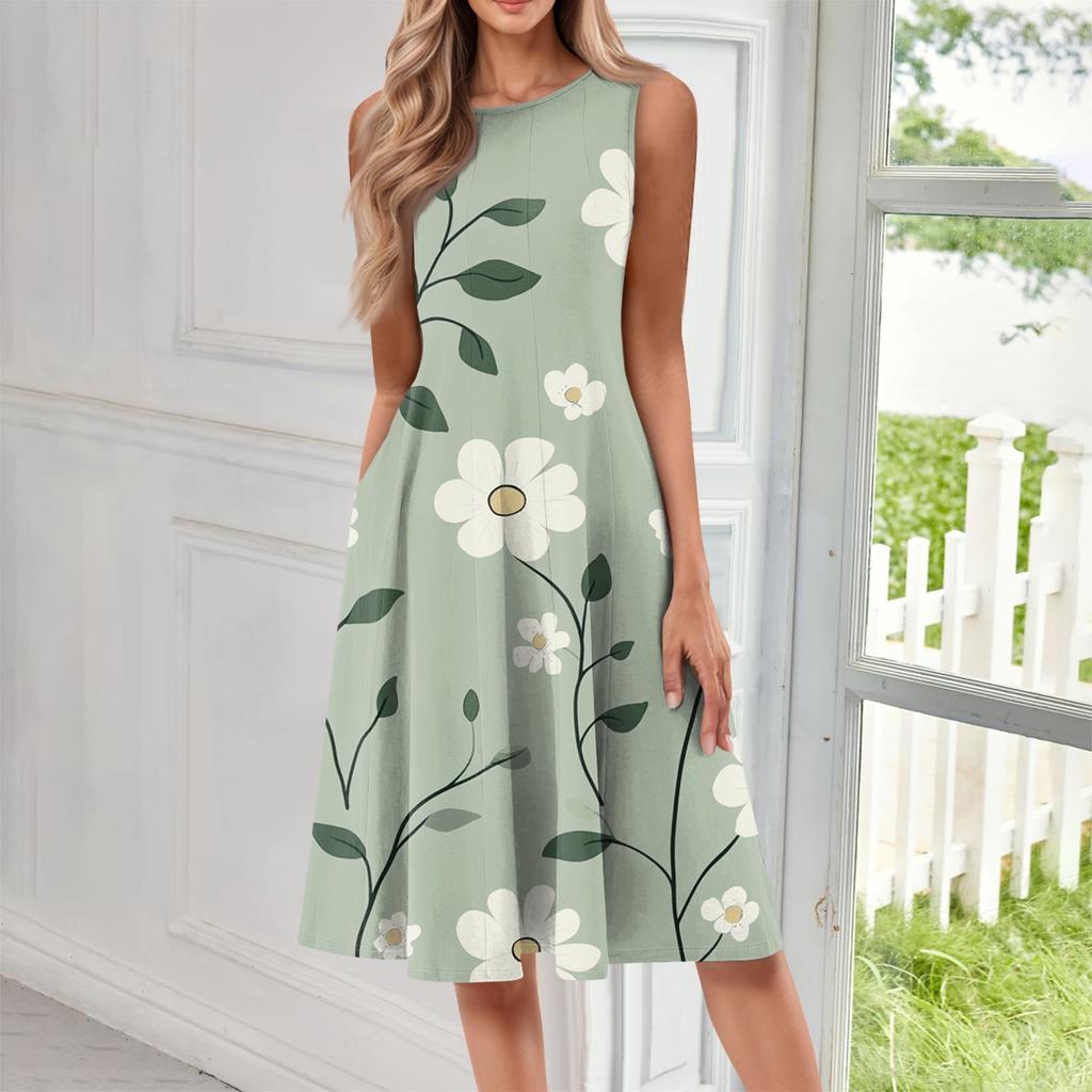 Женское повседневное модное платье миди с цветочным принтом и круглым вырезом без рукавов