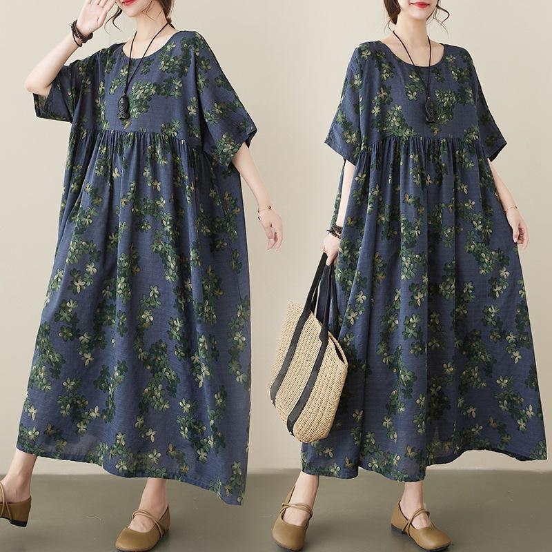 Летнее платье с короткими рукавами и цветочным принтом, литературное ретро-платье с круглым вырезом, длинная юбка с принтом