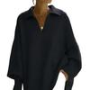 Womens Solid Color Long Sleeve Turn-Down Collar Sweater Loose Fit Casual Knit Top