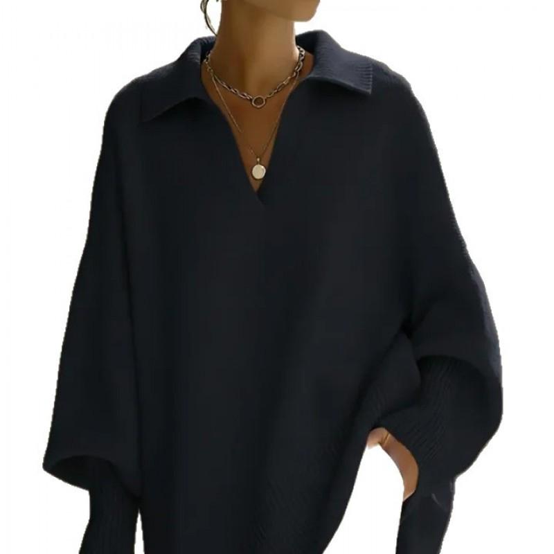 Womens Solid Color Long Sleeve Turn-Down Collar Sweater Loose Fit Casual Knit Top