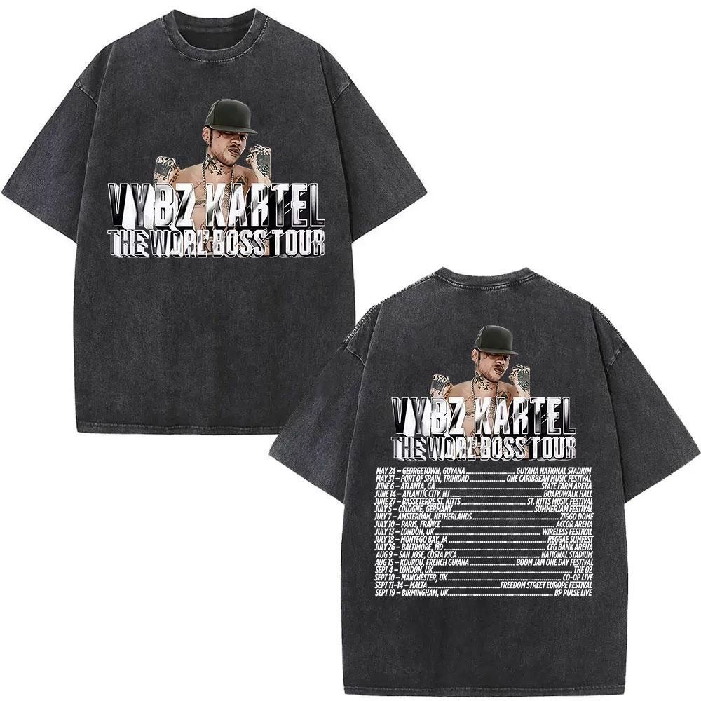 Vintage Washed Rapper Vybz Kartel Tour 2025 New Album Tshirt Men Hip Hop Oversized Tshirts Fashion High Quality Cotton T Shirt
