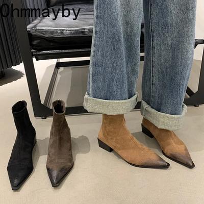 Дизайнерские винтажные женские ботинки челси, модные короткие ботильоны с острым носком, элегантные женские туфли на низком каблуке Botas Mujer