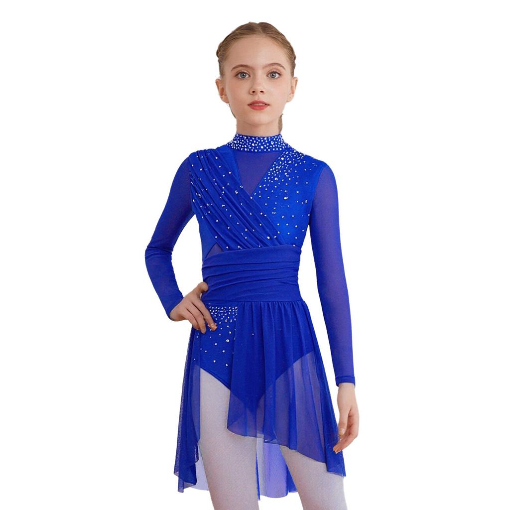 Girls Lyrical Dance Dress Mock Neck Long Sleeve Cutout Back Side Split Sheer Mesh Ruched Leotards