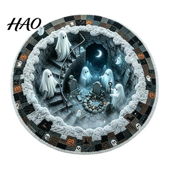 Seasonal Theme Floor Mat Round Halloween Area Rug, 3D Horror Visual Crystal Velvet Mat, Washable Non Realistic Pattern Carpet Slip Indoor Circular