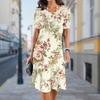 Fashion Womens Loose Flower Print O Neck Short Sleeve Leaves Print Loose Streetwear A-line Dress