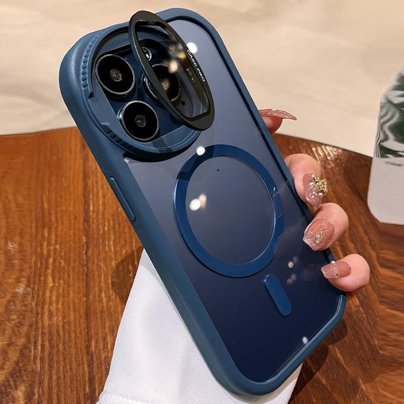 Luxury Magnetic Charging Transparent Phone Case for iPhone 16 15 14 13 12 11 Pro Max Round Camera Protection Bracket Cover