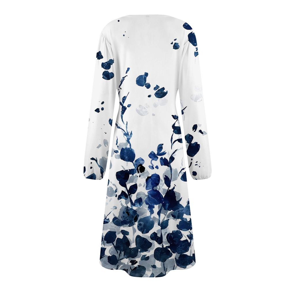 Women's Fashion Casual Print Round Neck Long Sleeve Midi Dress