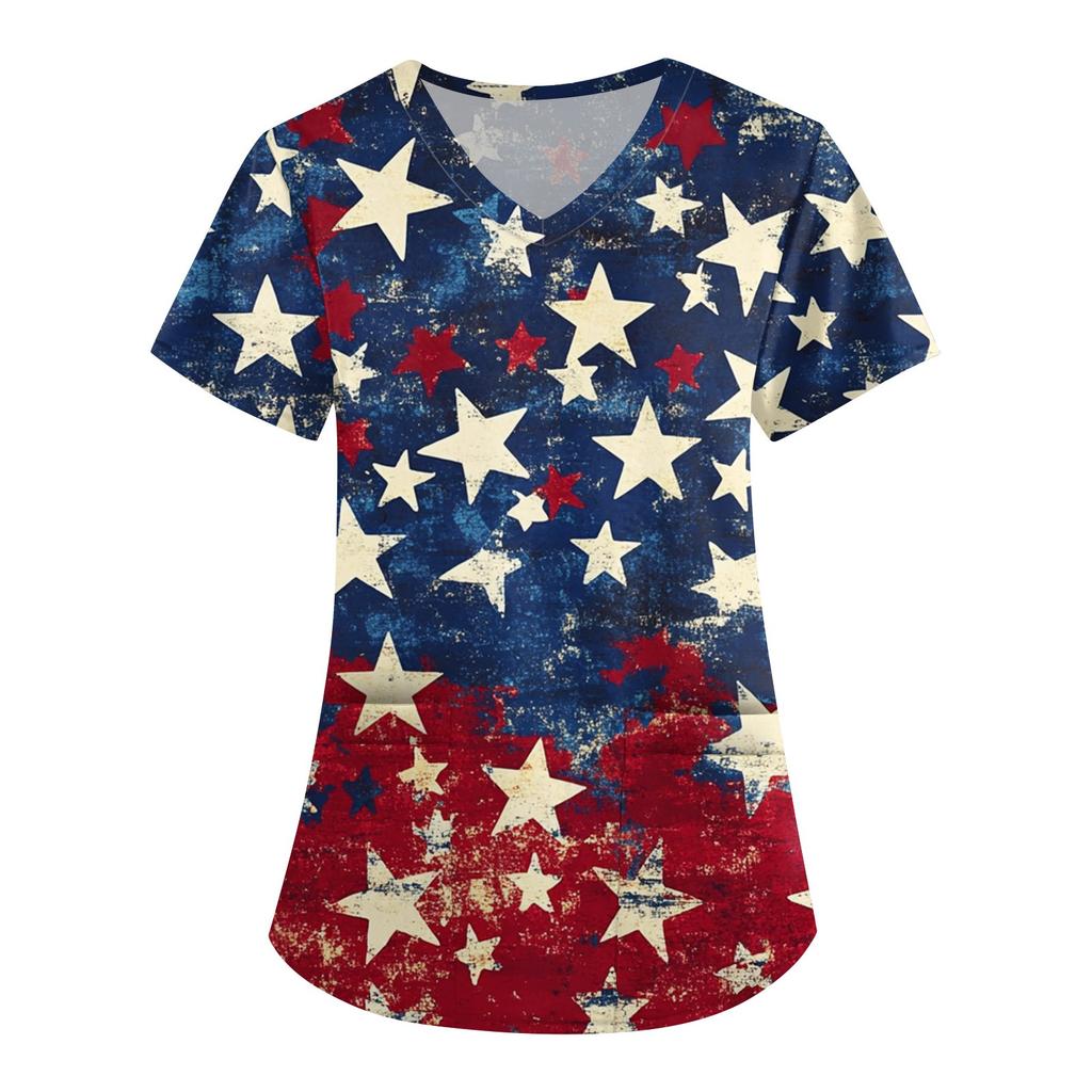 Women's Fashion V-neck Short-sleeved Work Dress With Pockets Independence Day Printed Top Carer Suit