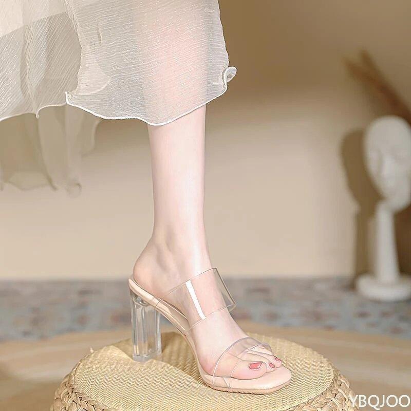 Transparent high-heeled sandals for summer 2026new crystal heel fashion simple square toe women's shoes for wearing outside