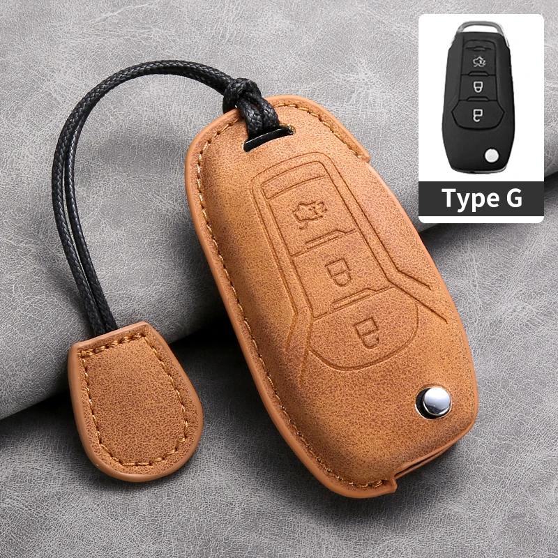 Leather Car Remote Key Case Cover for Ford Focus 3 4 ST Mondeo MK3 MK4 Fiesta Fusion Kuga Ecosport Protect Key Fob Keychain