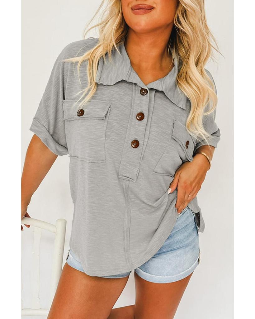 Azura Exchange Light Grey Chest Pockets Half Buttoned Collared Blouse